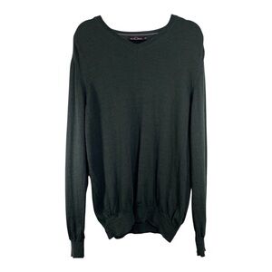 Black Brown 1826 Size L Cozy Dark Green Minimalist Merino Wool V-Neck Sweater